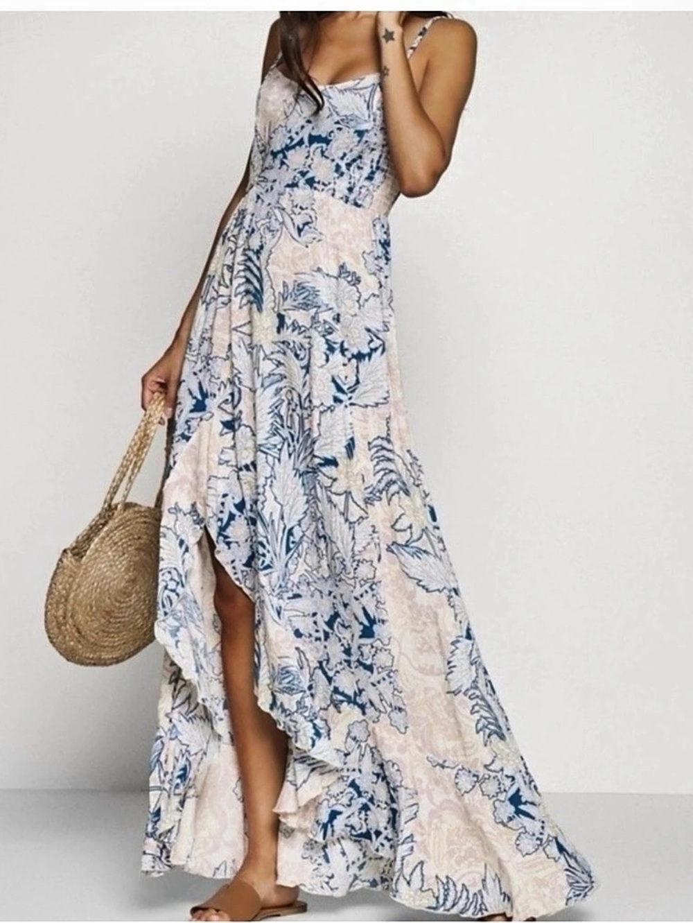 Free People Floral Maxi Dress in Blue & Pink